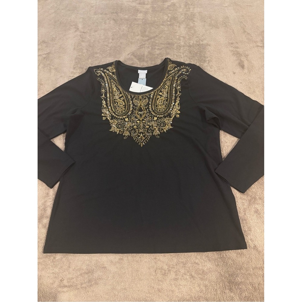 NWT Chicos Bling Neckline Black Long Sleeve Top with Gold Embroidery Womens 2